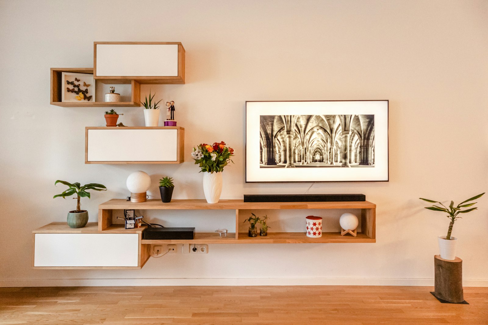 Wall-mounted media console with open shelving