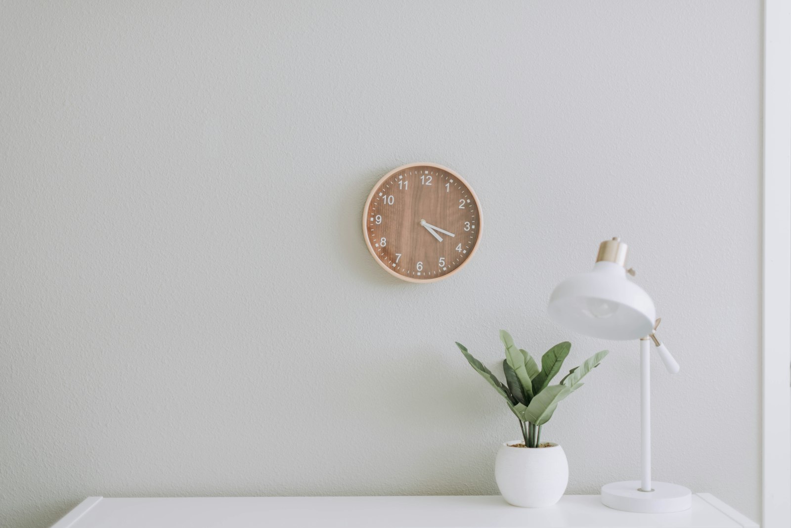 Minimal wall with a round clock and a potted plant