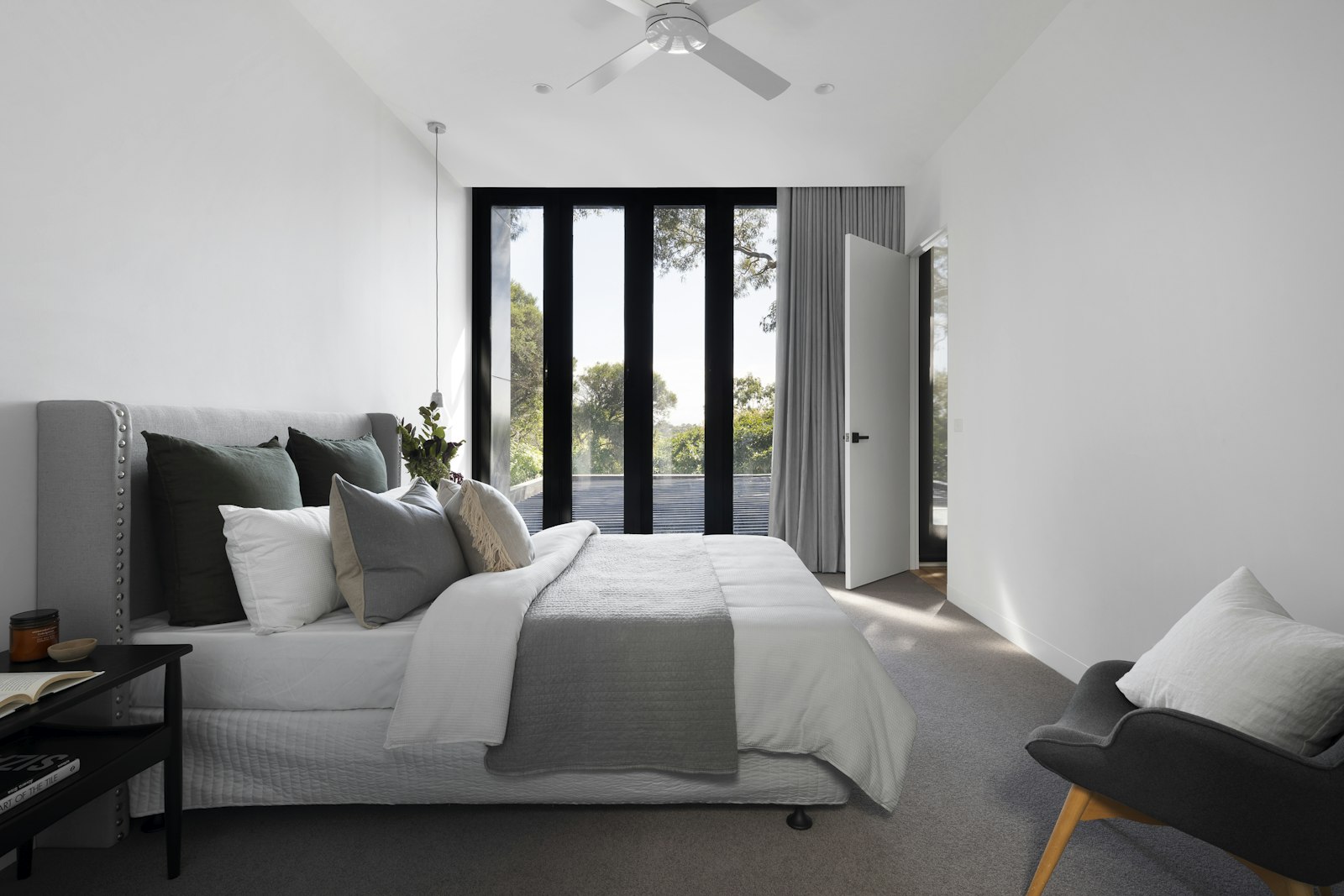 Serene bedroom with an upholstered platform bed